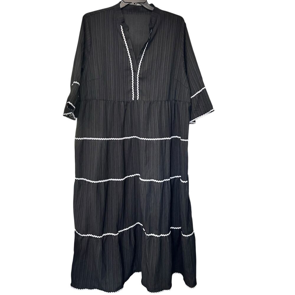 Dress Midi Maxi Black Tiered Boho Peasant Ric-Rac Trim 4XL Bell Sleeves SHEIN